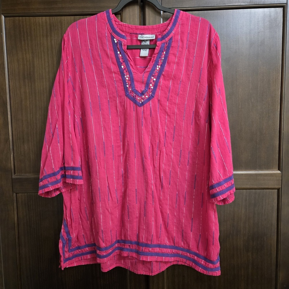 Catherines Cotton Blend Tunic Womens 2X Hot Pink Sequin Embelished Artsy Resort